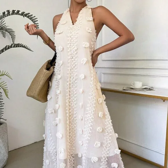 Apricot Boho Women's Summer Vacation Deep Halter Neck Dress - Picture 6 of 6